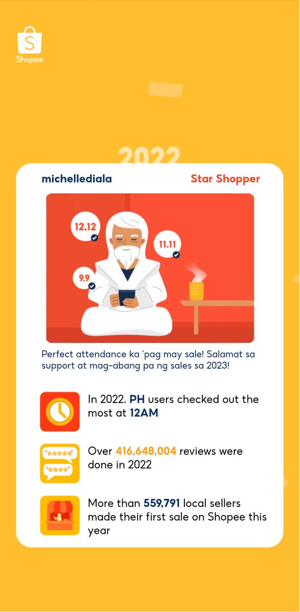 MichelleDiala's tweet photo. More budol this coming 2023😅
Check your Shopee Journey in 2022 now! https://t.co/Lkc9yGemeI https://t.co/RJOgN26xbx