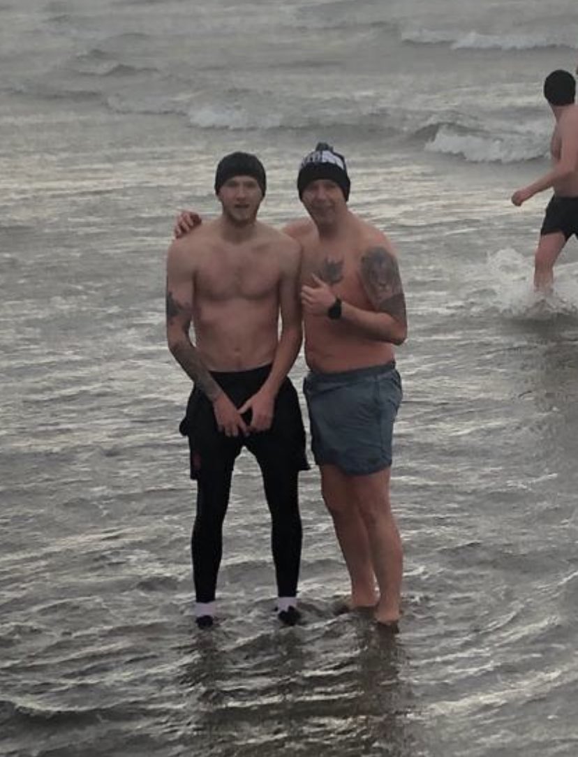 Jimmorry79's tweet photo. Me and Liam @LiamMorrison05 and many others doing the Boxing Day dip to support the Grey Dippers. What an incredible achievement by this group of boys raising over £24k for local food bank 👏🏻👏🏻👏🏻👏🏻🥶 https://t.co/XtVG5XLVU6