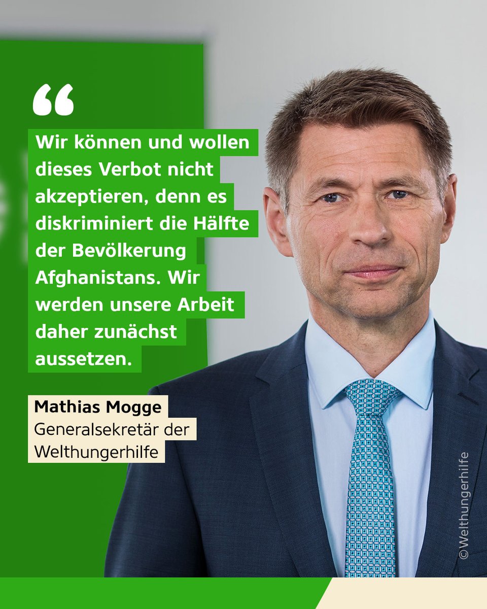 Die Welthungerhilfe protestiert gemeinsam mit anderen internationalen Organisationen gegen das Arbeitsverbot für afghanische Frauen bei NGOs und fordert, die schriftliche Anordnung zurückzunehmen. Generalsekretär <a href="/MathiasMogge/">Mathias Mogge</a> kündigte an, die Arbeit zunächst auszusetzen. (1/3)