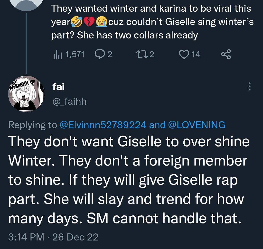 wntrvisuaI's tweet photo. aerishines going after winter who didn't even rap in the damn song rather than the actual people who took over for majority of the rap she could've had instead, leave her out of it https://t.co/qSNBiQKpJL