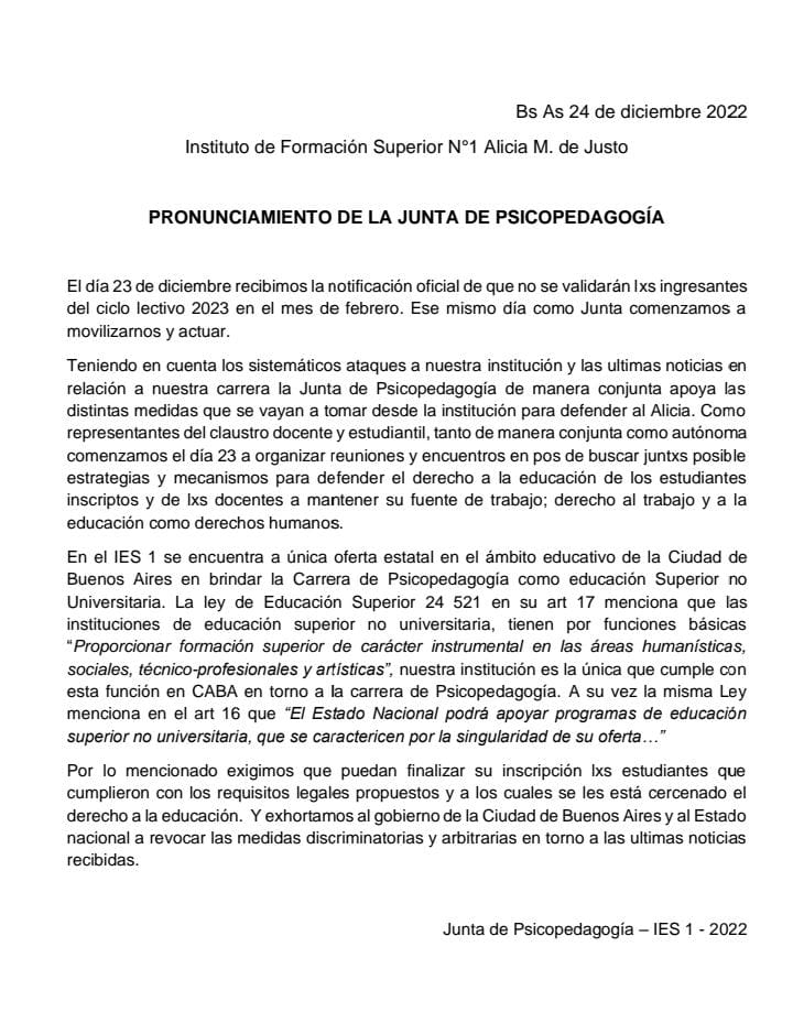 IFDEnLucha's tweet photo. Pronunciamiento de la Junta de Psicopedagogía del @IesJusto frente al ataque a la carrera y al IES1, como a los 29 por parte de GCABA https://t.co/WfmRVJYdqY