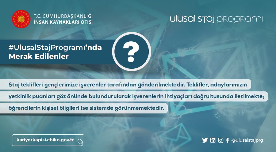 ulusalstajprg's tweet photo. 💬 #UlusalStajProgramı’nda Merak Edilenler

🌟 Staj teklifleri öğrencilerimize işverenler tarafından gönderilmektedir. 

🌟 Teklifler, adaylarımızın yetkinlik puanları göz önünde bulundurularak iletilmekte; kişisel bilgileri ise gösterilmemektedir.

#SeninİçinSeferbiriz @tccbiko https://t.co/wBf7Mf8Lap