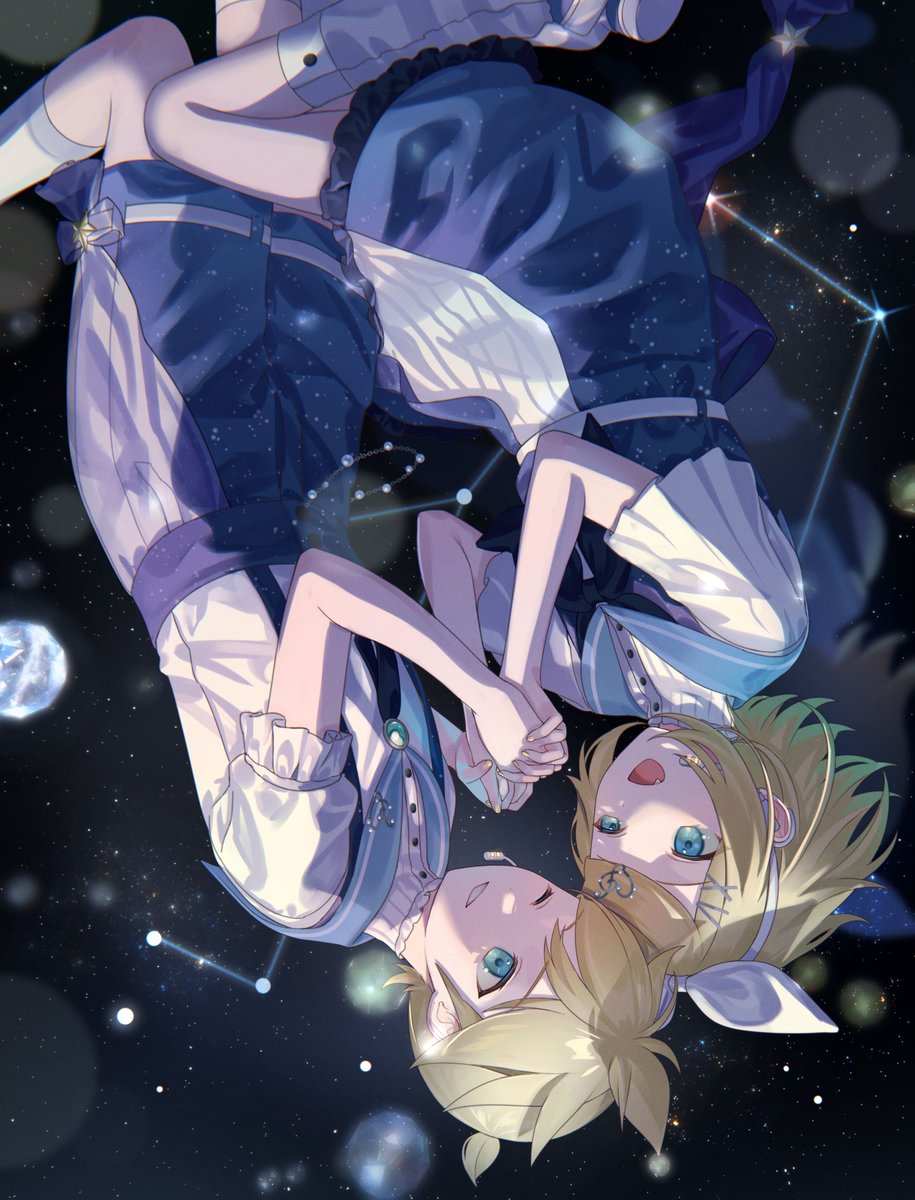 kagamine len ,kagamine rin 1girl 1boy blonde hair constellation star (sky) smile frills  illustration images