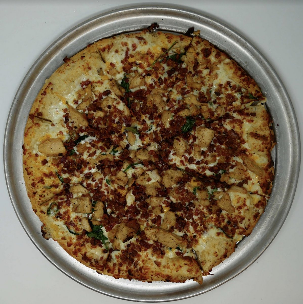 POTW 50% Off all Week: Chicken Ranch
Passcode: Chicks Rule
Online: No Promo Code Needed!
WHAT’S ON IT:
Fresh Spinach
Chicken
Bacon
Wisconsin Cheddar
Ranch