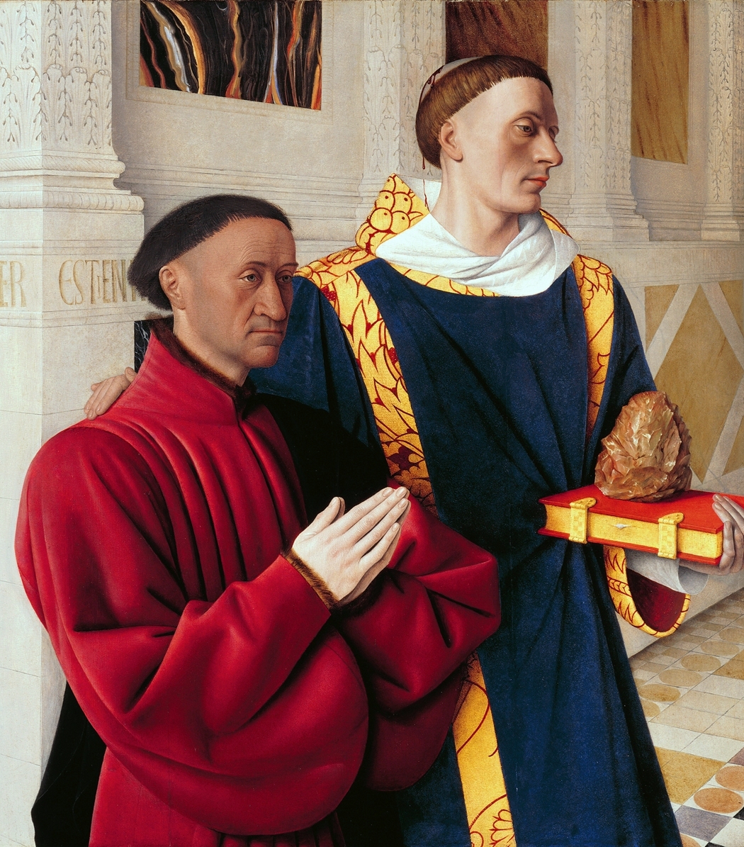 The two panels of the rather striking Melun Diptych by Jean Fouquet (1452) have been separated and a