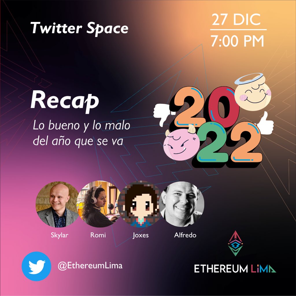 Se acaba el 2022 y es hora de hacer un recap!
Este ha sido un año con muchos acontecimientos importantes, buenos 😃y malos🙁. 
Y que mejor que revisarlos con grandes invitados🤩: <a href="/skylar_eth/">Skylar</a> <a href="/cryptochica_arg/">Romina 🇦🇷 | MuShanghai 🇨🇳✈️</a> <a href="/0xJoxes/">Joxes.eth</a> <a href="/aroisenzvit/">Alfredo B Roisenzvit</a> 

Acompáñanos mañana!
x.com/i/spaces/1lPJq…