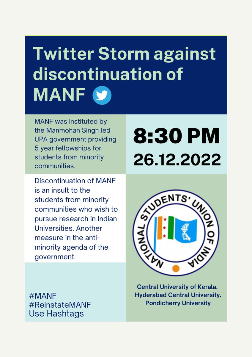 NSUI_PondiUni's tweet photo. Join the Twitter Storm against discontinuation of MANF
#manf
#ReinstateMANF https://t.co/MQqEPuvcJy