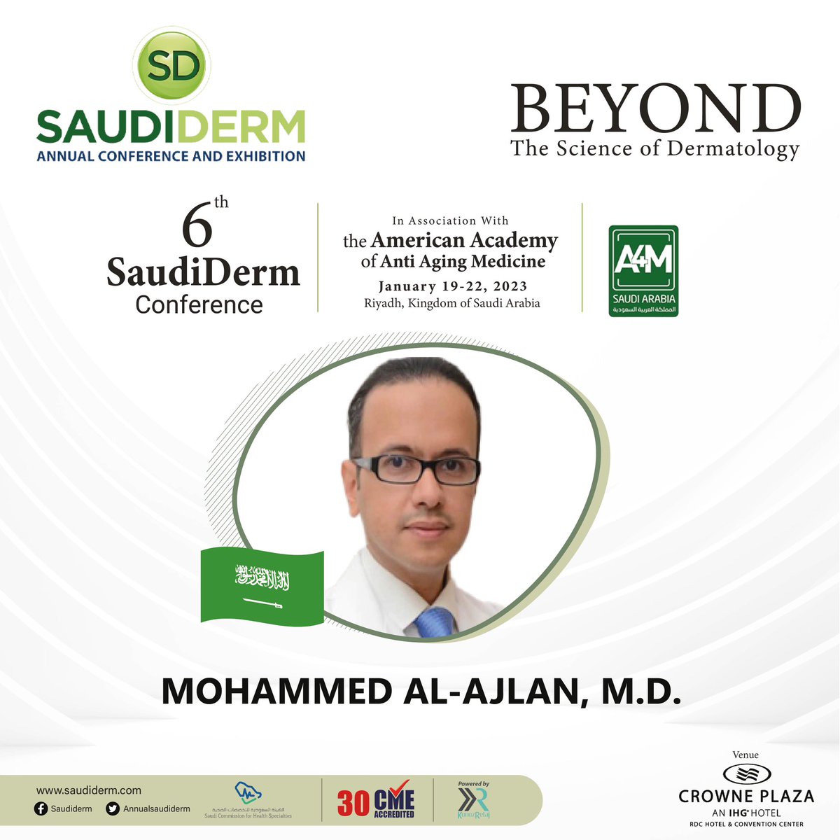 We are honored to welcome <a href="/DrMalajlan/">د. محمد بن عبدالعزيز العجلان</a> who will be one of our main speakers in the upcoming #SaudiDerm Conference 2023. Join us. Register now: saudiderm.com/registration/
#dermatology #medicine #aesthetics #conference