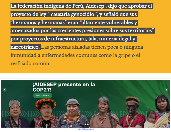 parislima's tweet photo. .@yachay_dc ::: #Aidesep:aprobar el proyecto de ley “causaría #genocidio”y señaló que sus “hermanos y hermanas” eran “altamente #vulnerables y #amenazados por las crecientes presiones sobre sus territorios” por proyectos de #infraestructura, #tala, #minería_ilegal y #narcotráfico https://t.co/NQn1YmVkim