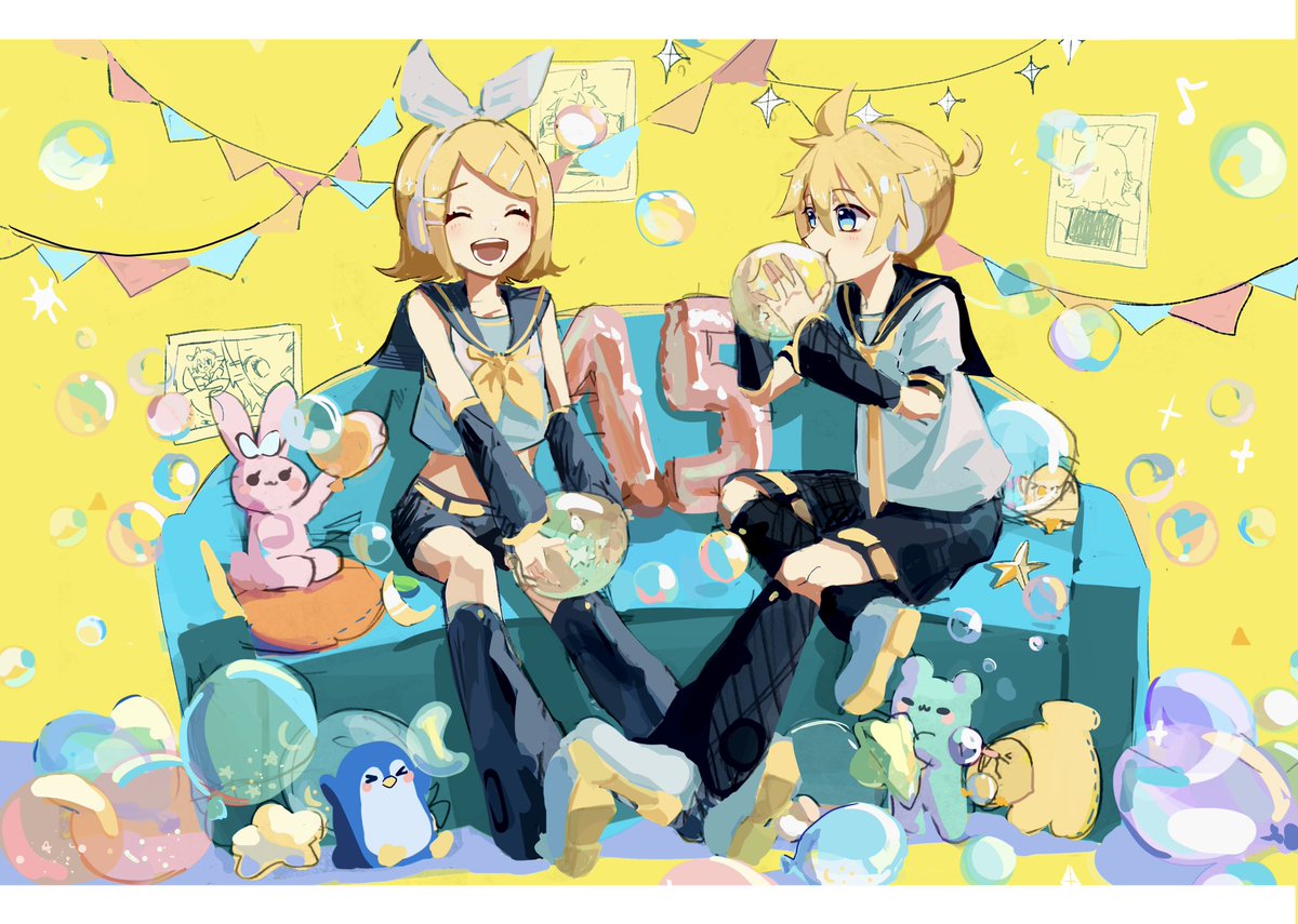 kagamine len ,kagamine rin blonde hair 1boy 1girl bow sailor collar white bow sitting  illustration images