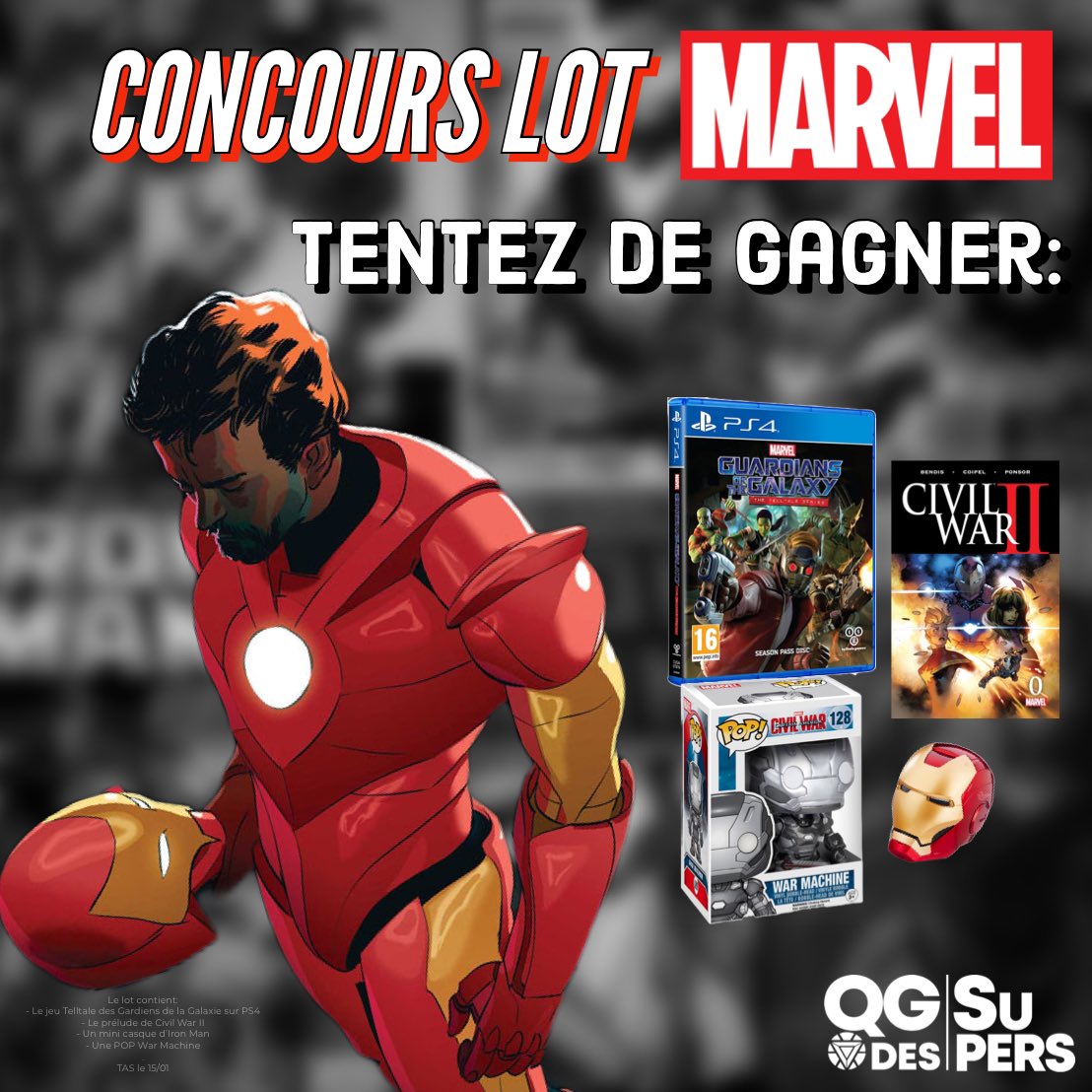 LeQGdesSupers's tweet photo. 🚨#CONCOURS🎁

Tentez de gagner un lot MARVEL, contenant un jeu PS4, un comic-book prélude de Civil War II, une figurine POP et un mini casque Iron Man.

Pour participer:
📍Follow @LeQGdesSupers 
📍Retweet cette publication.

Bonne chance à tous et bonnes fêtes !
🍀TAS le 15/01 https://t.co/Grzq2AEdKM