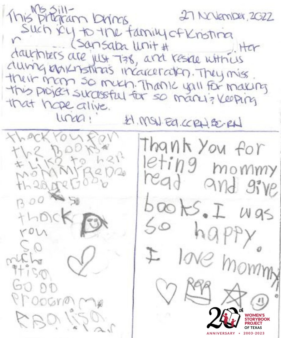 Here's a special note we recently received in the mail from a caretaker and child!

#motivationmonday #testimonial #WSPImpact #StorybookStories #20years #20thanniversary #literature #connection #incarceratedmoms #children #volunteer