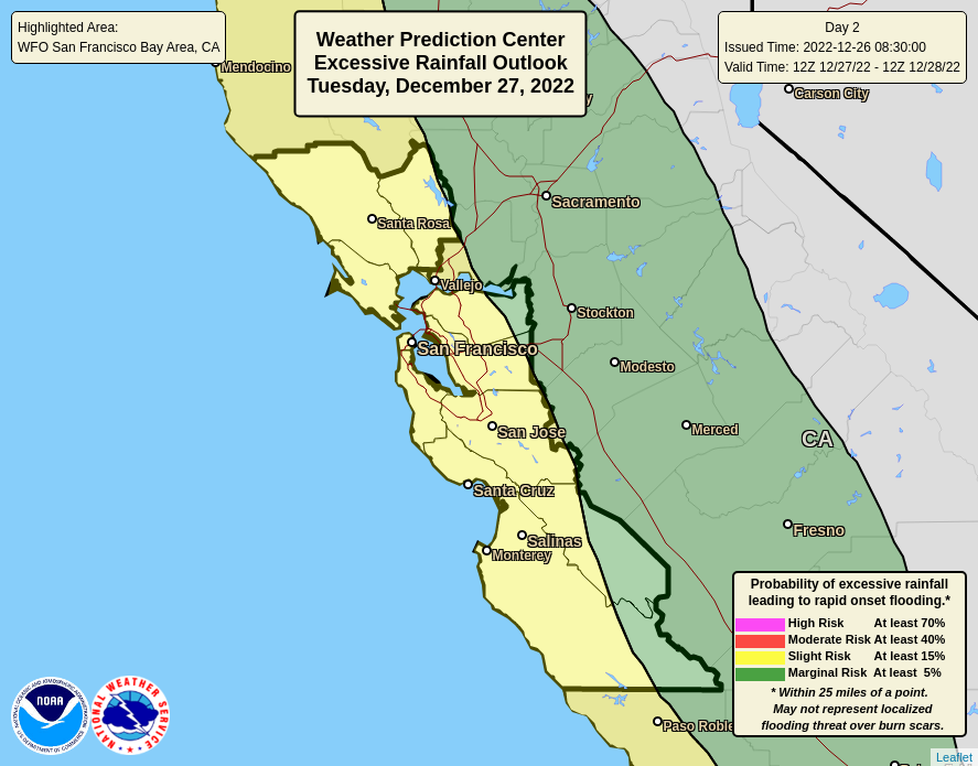 NWSBayArea's tweet photo. All eyes 👀are on tomorrow's storm. Rain and wind heading towards #California. Our colleagues @NWSWPC have our service area marked for slight risk of excessive rainfall, starting tonight in #NorthBay then sliding south Tuesday morning.

Today is your prep day.

#cawx https://t.co/hDFE7OOyv3