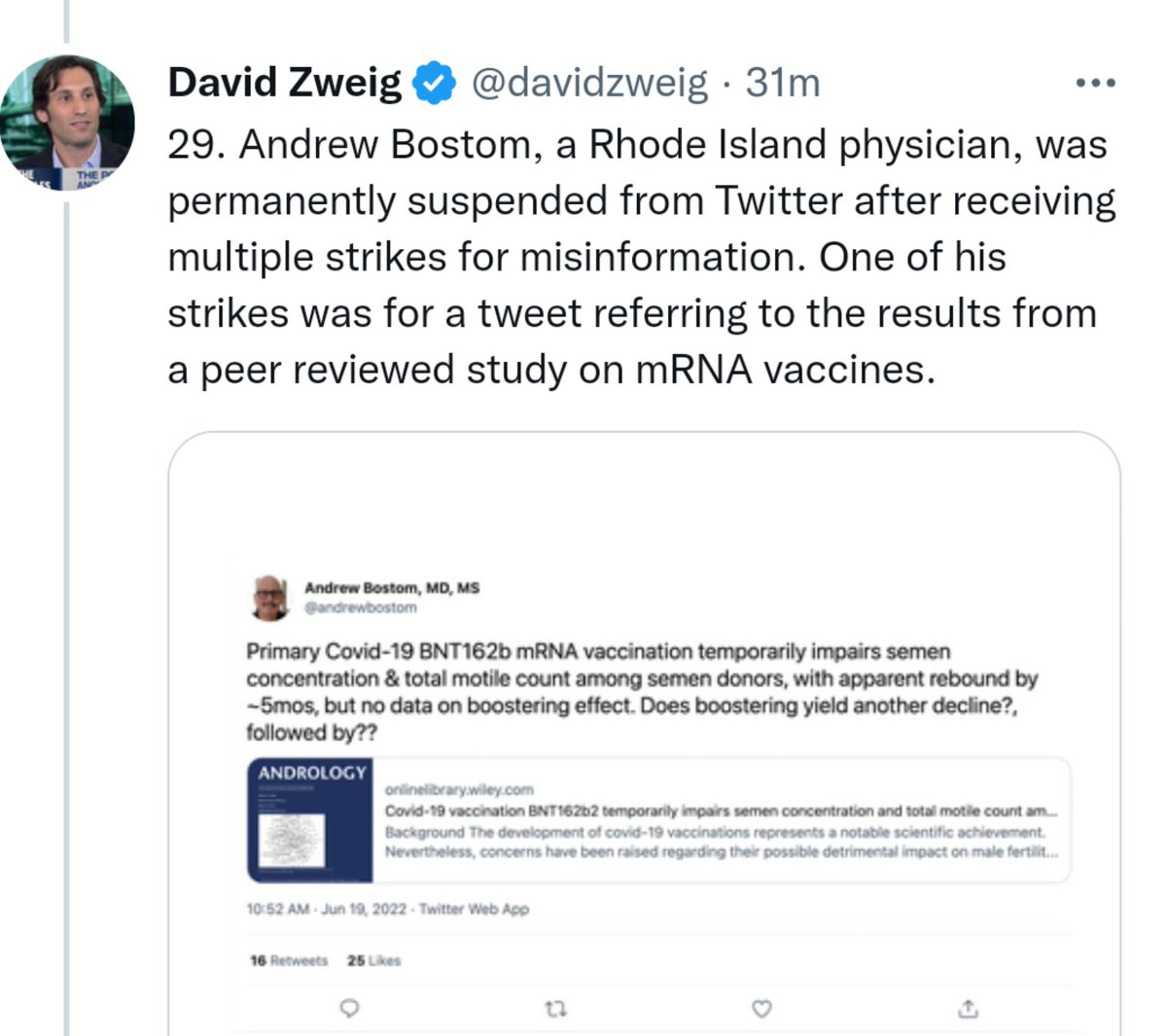 andrewbostom's tweet image. Thanks to @davidzweig for exposing the grotesque injustice of @Twitter's suspension of many accounts, including my own, due to alleged covid "misinformation" i.e., evidence-based data rebutting the warped, but "accepted" narrative