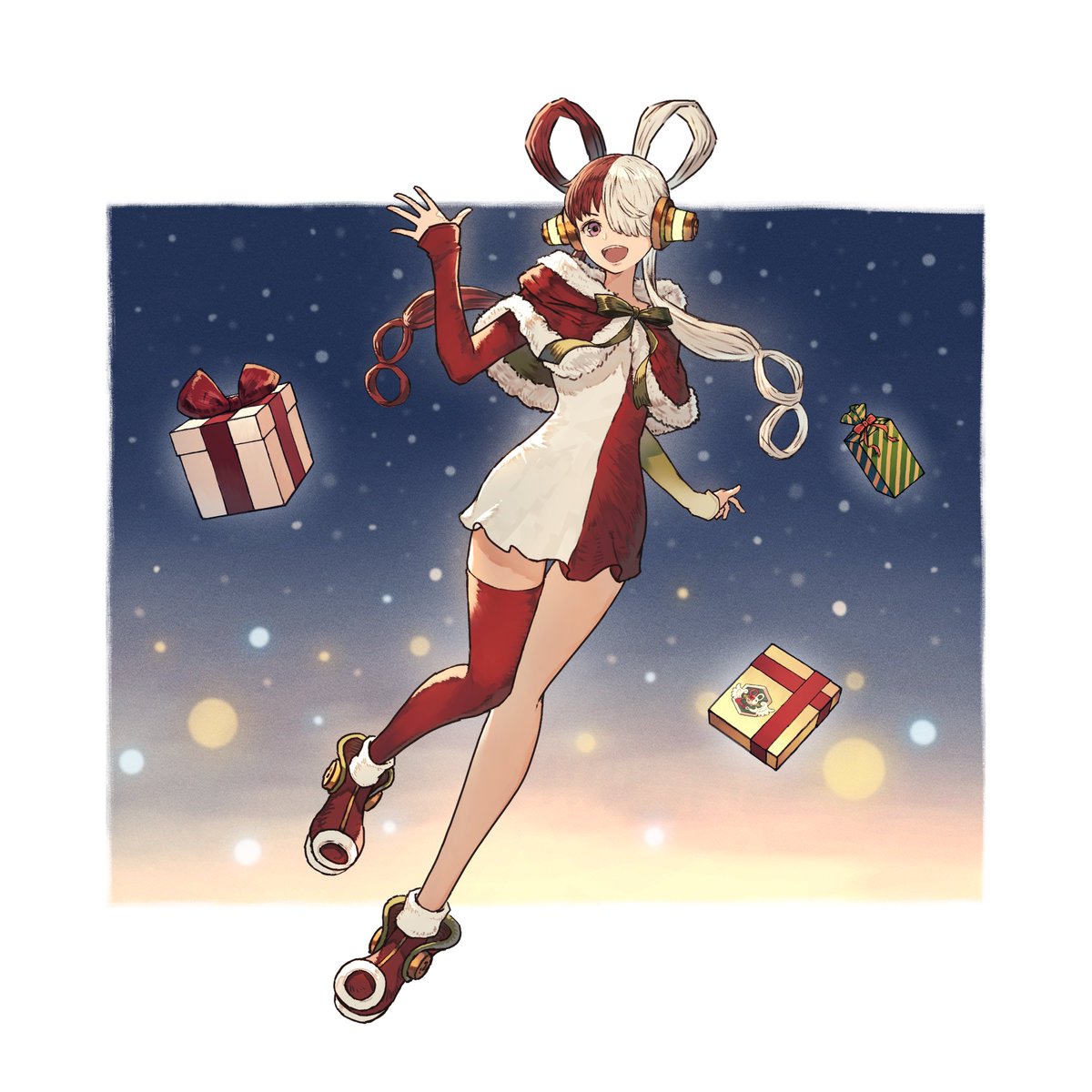 1girl solo thighhighs white hair red hair two-tone hair christmas  illustration images