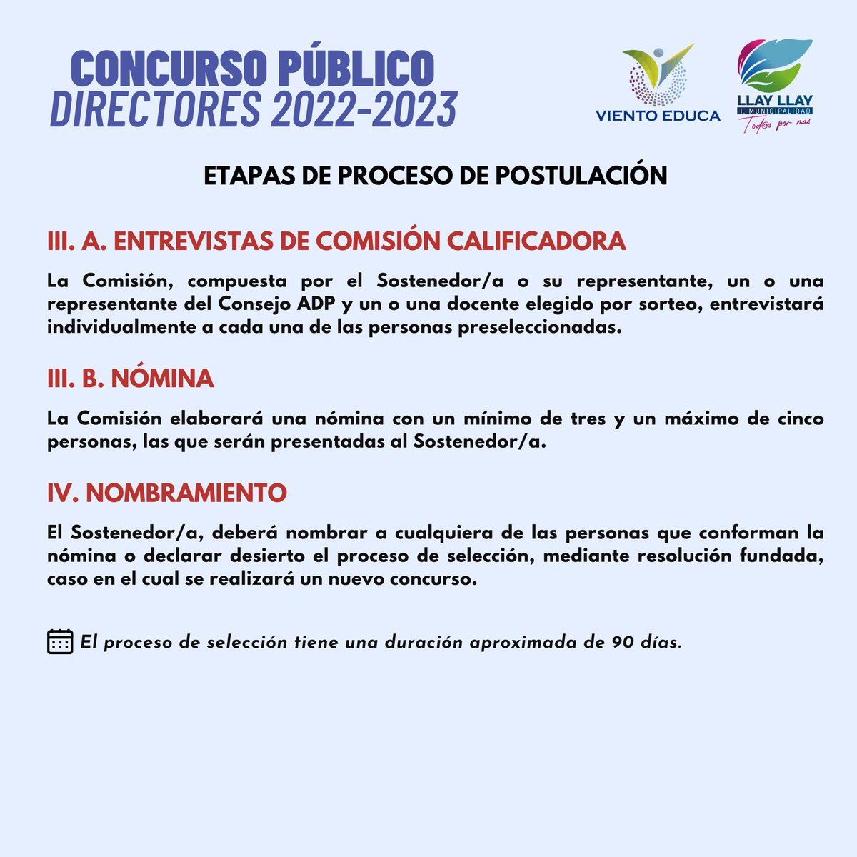 EducaViento's tweet photo. ⭕️#LlayLlay Informamos que el Concurso Público de Directores tiene abiertas sus postulaciones para:
1. Escuela Básica Elisa Lattapiat Vargas.
2. Escuela Básica Héroes de Iquique.
3. Escuela Básica Herminia Ortega de Croxatto.
🌐Visita https://t.co/hDI5GqjXRj @directoreschile https://t.co/syvnn4nYg6