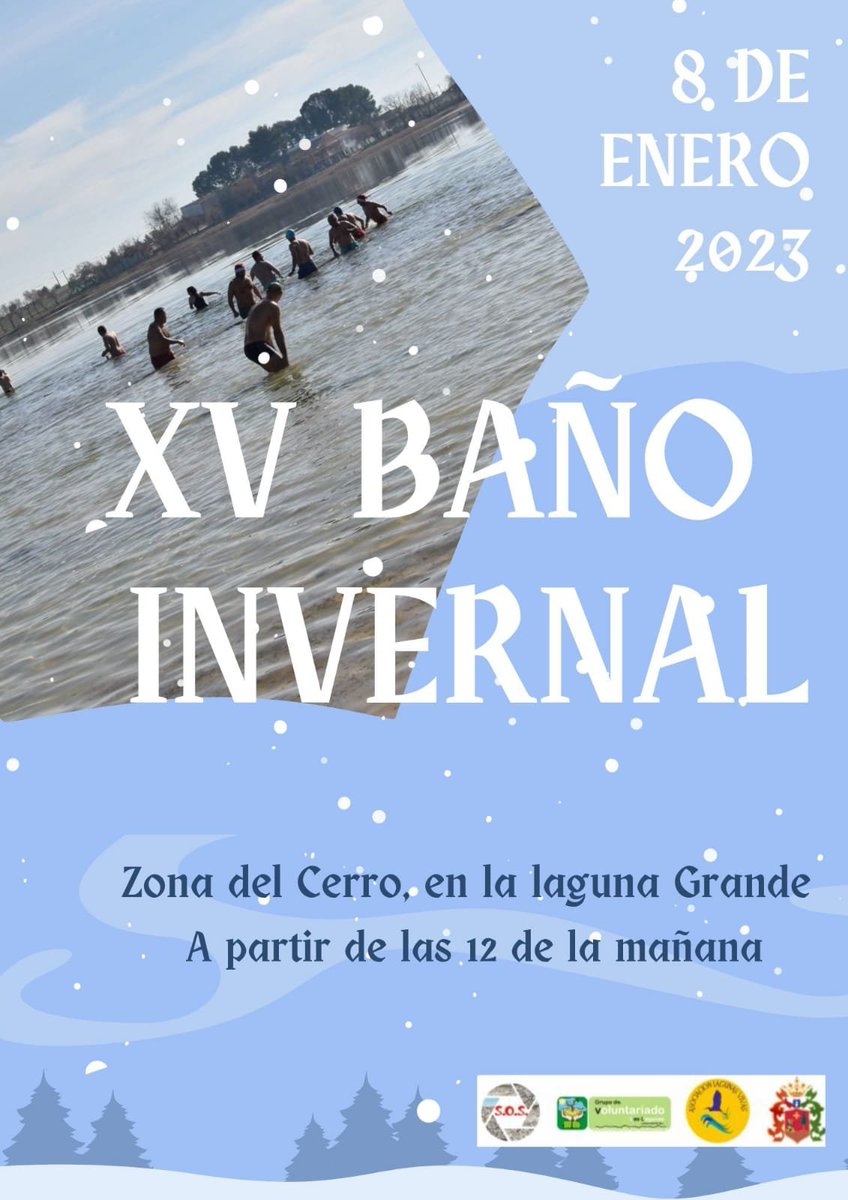 SOSLagunas's tweet photo. ¿Qué mejor forma de acabar las fiestas que con nuestro tradicional #bañoinvernal? Vente el domingo 8 de enero a las #LagunasdeVillafranca, refréscate y ayúdanos a luchar por #LaManchaHúmeda. #SOSLagunas #LaMancha #Lagunas #Añonuevo2023 #Felicesfiestas #Turismorural https://t.co/q4RFimuNgC