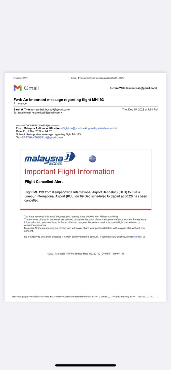 Suveni30's tweet photo. @IsmailSabri60 sir PLEASE HELP US! @MAS canceled our flight MH193 dated 9.12.22, without any rescheduled info and refusing to give us refund now (saying we were no show). Proofs of flight cancelation, stamped boarding pass and immigration cancellation attached. Pls help https://t.co/Dj52deqfmQ