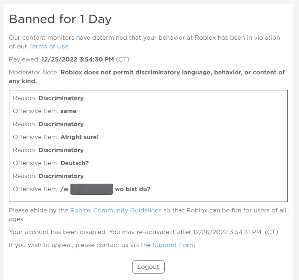 divaPrincess_x's tweet photo. @Roblox, I’m having a hard time wondering why I was banned 😭 I sent an email appealing it but by the time I get a response I assume my ban will be over 💀 Since it’s just a day I’m not bothered but please fix your moderation 😊 

#roblox #robloxbans #robloxban #robloxhelp #games https://t.co/fxW91TpMjB