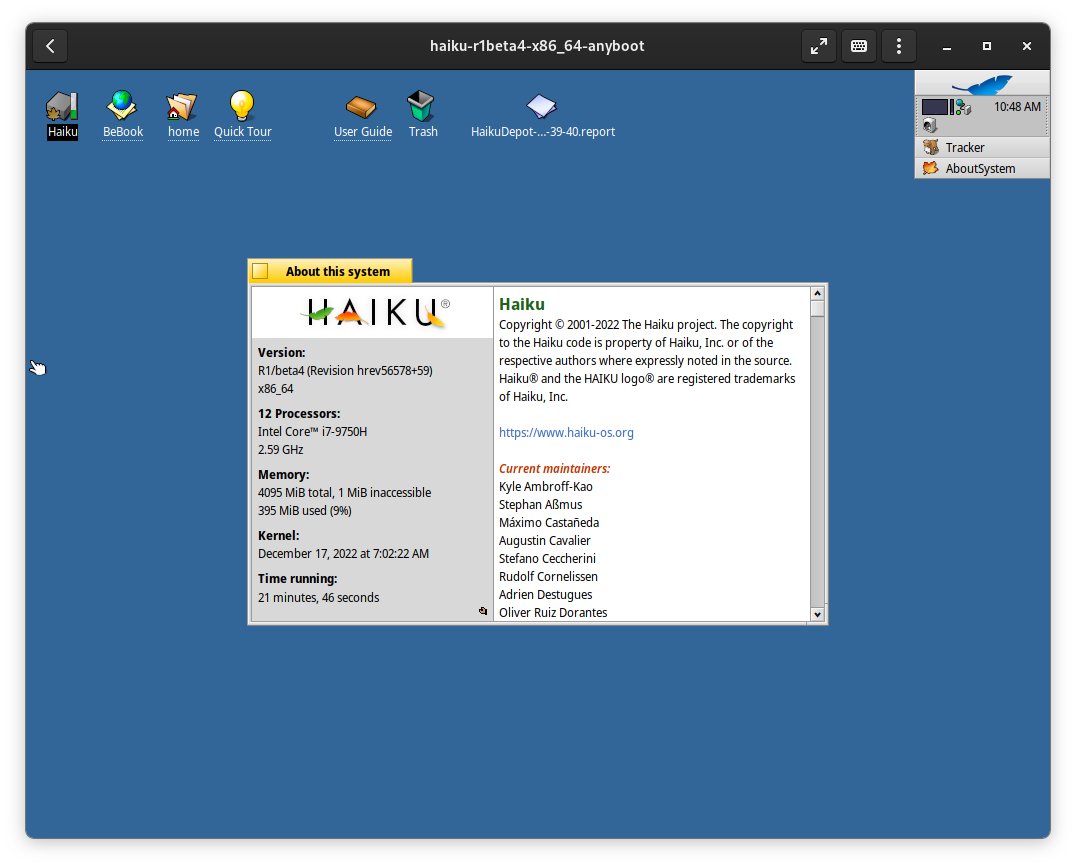 For some Boxing Day fun (even though Boxing Day isn't a thing here), I'm playing around with Haiku R1/beta4 on <a href="/BoxesGNOME/">GNOME Boxes</a> on @Fedora. 

Alas, no Btrfs on Haiku OS yet. 😢