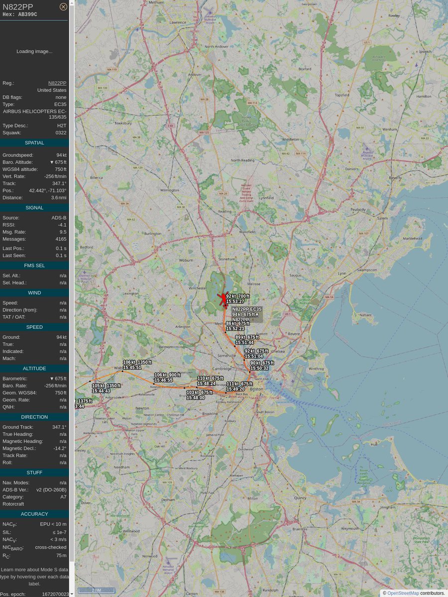 ICAO: #AB399C
Flt: #N822PP #MassachusettsStatePolice #LWM-#LWM
First seen: 2022/12/26 10:51:32
Min Alt: 675 ft MSL
Min Dist: 0.06 mi

#planefence #adsb - planefence.com/medford
globe.adsbexchange.com/?icao=ab399c