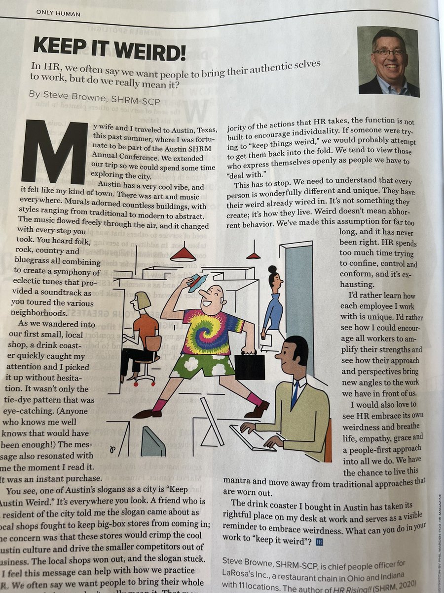 CrystalRNichols's tweet photo. Congratulations on a great article @sbrownehr ! Check out his #keepaustinweird recap in this current @SHRM magazine! https://t.co/QpIsZJghB3