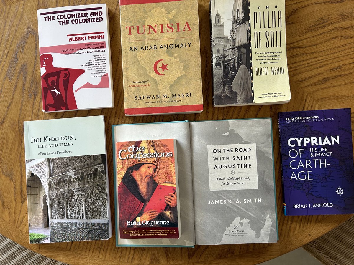 BryanKeithCole1's tweet photo. My reading here in Tunis (aka ancient Carthage) ... a couple local “back in the day” Early Church Fathers, a medieval historian/sociologist, colonial/post-colonial literature and theory, and some very recent history.  Ought to keep me busy! https://t.co/D9DiSmO6Bs