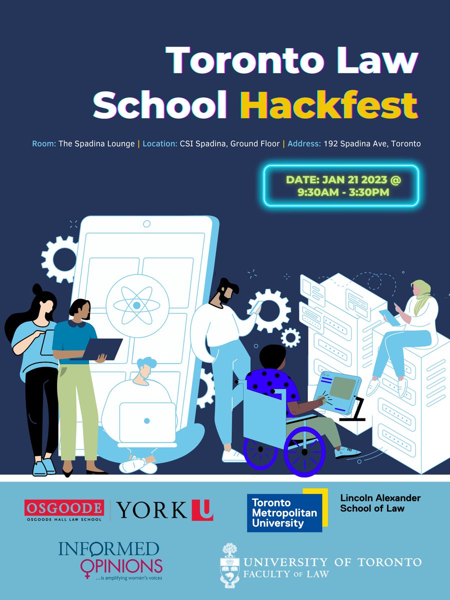 Registration is OPEN! @UTLaw students may register as an individual or team. We're thrilled to partner w/ @LincAlexLawTMU @OsgoodeNews & @InformedOps for the first-ever Toronto Law School Hackfest. The winning team wins a prize of $500. Register here: forms.gle/qq6m2b8QCGur2V…