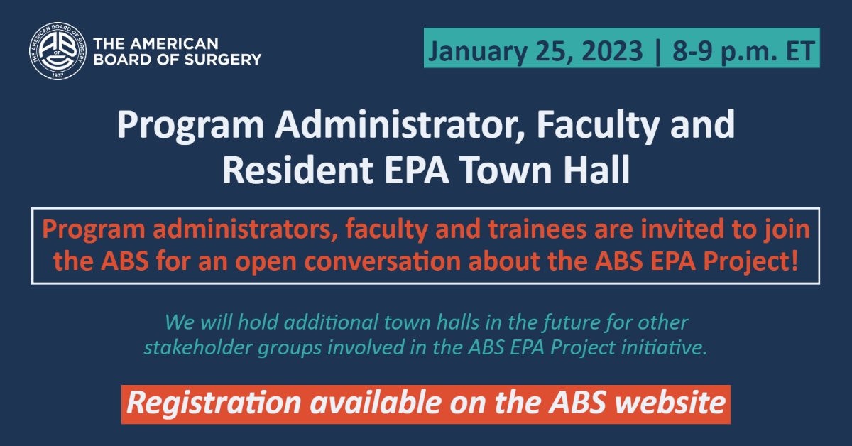 AmBdSurg's tweet image. Calling all program admins, faculty, &amp;amp; trainees! Join us for a town hall about the #ABSEPAProject on Jan. 25. Questions &amp;amp; topics may be sent in advance of the event through the link provided during registration. @ARASurgery @RASACS

To register: ow.ly/KJlb50MbvCB