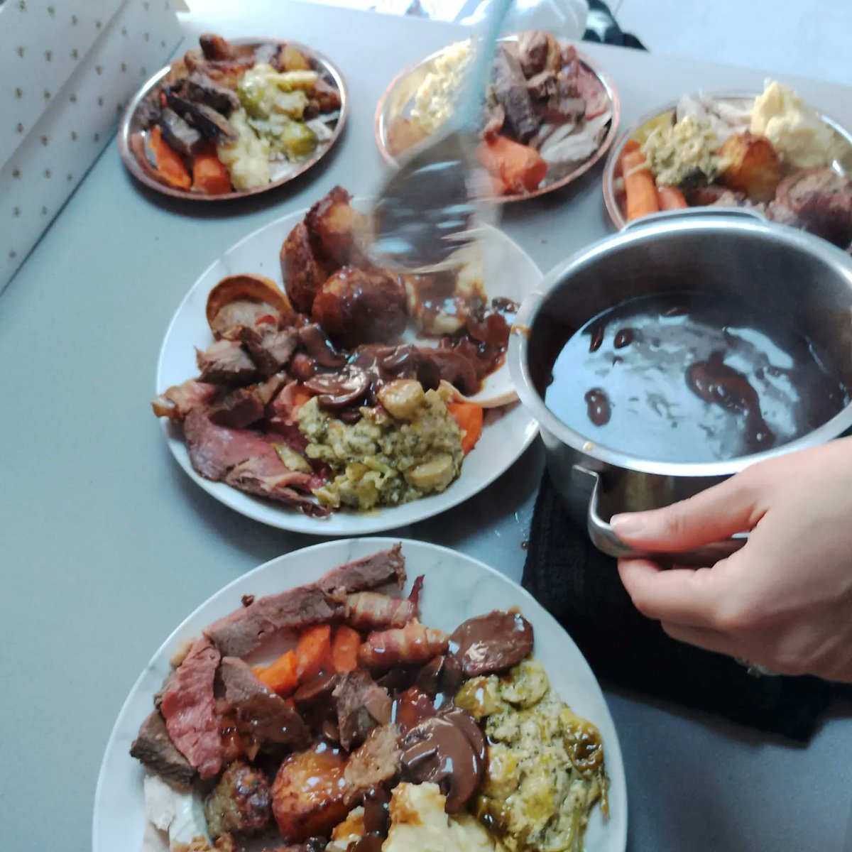 Tommo33s's tweet photo. Beef Rib and turkey roast. cheese and creamy sprouts #homemadegravy #roastpotatoes #stuffingballs #pigsinblankets I just love sitting around the dinner table as a family. #ChristmasDinner2022 #BEEF #ribofbeef @MeatMattersltd @MEATERmade https://t.co/hkKCuYw0k8