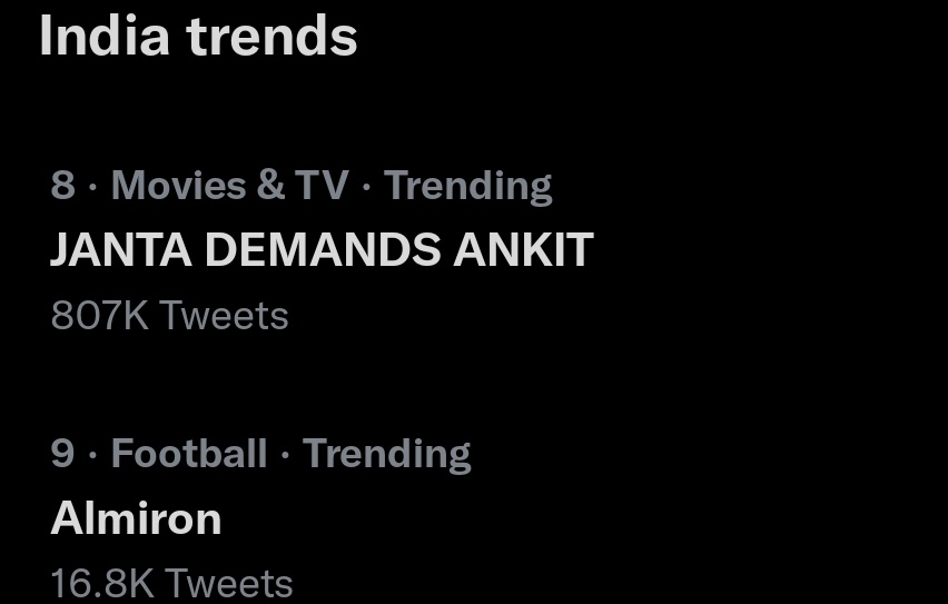 807k Tweets Done, Trending At No.8

JANTA DEMANDS ANKIT

<a href="/ColorsTV/">Colors TV</a> <a href="/EndemolShineIND/">Endemol Shine India</a>