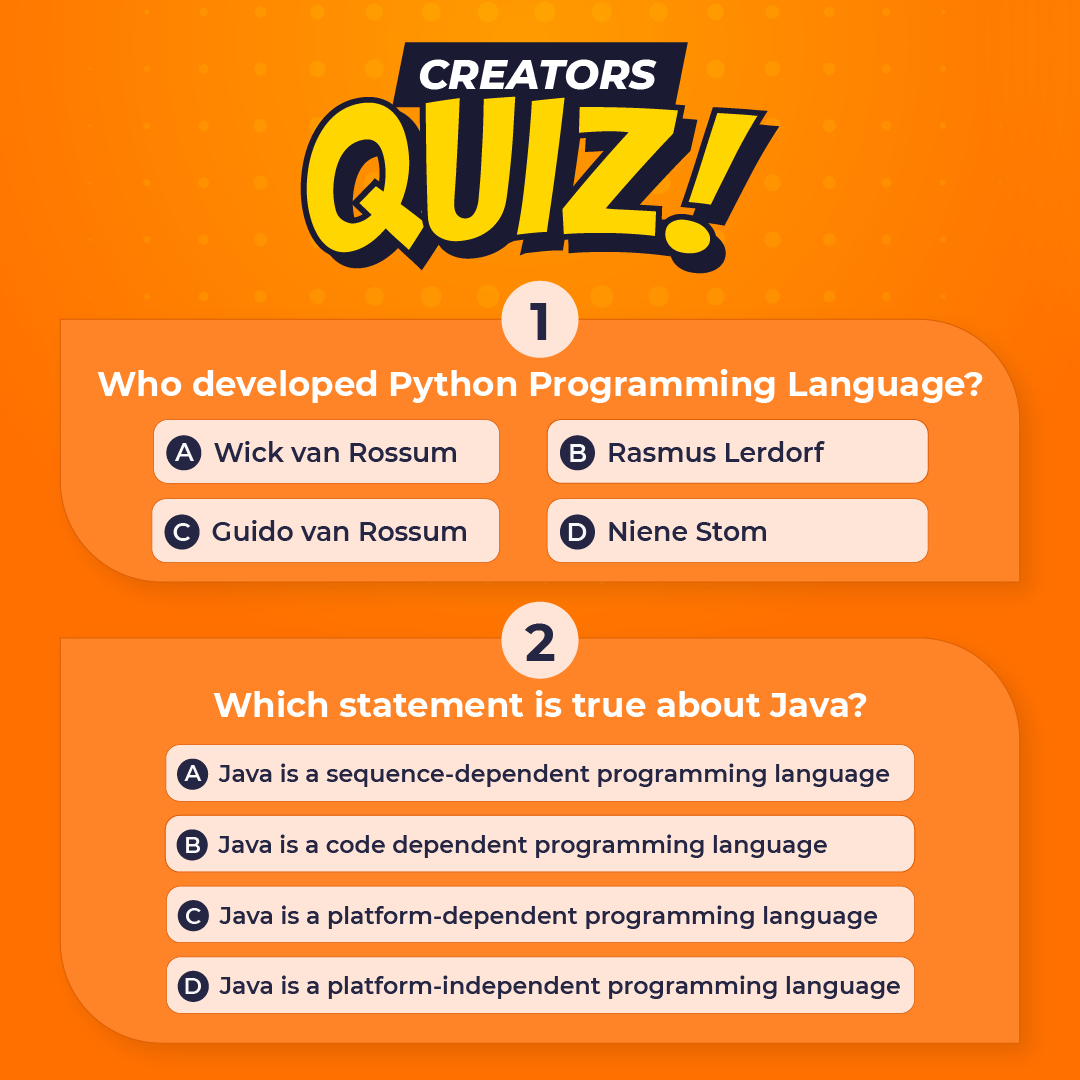 Think you know computer languages? Think again! Share your answers, #tag 5 friends, and #follow Camp K12 to win an Amazon voucher worth INR 500 or a Bootcamp worth $11

#QuizTime #QuizOfTheDay #ContestAlert