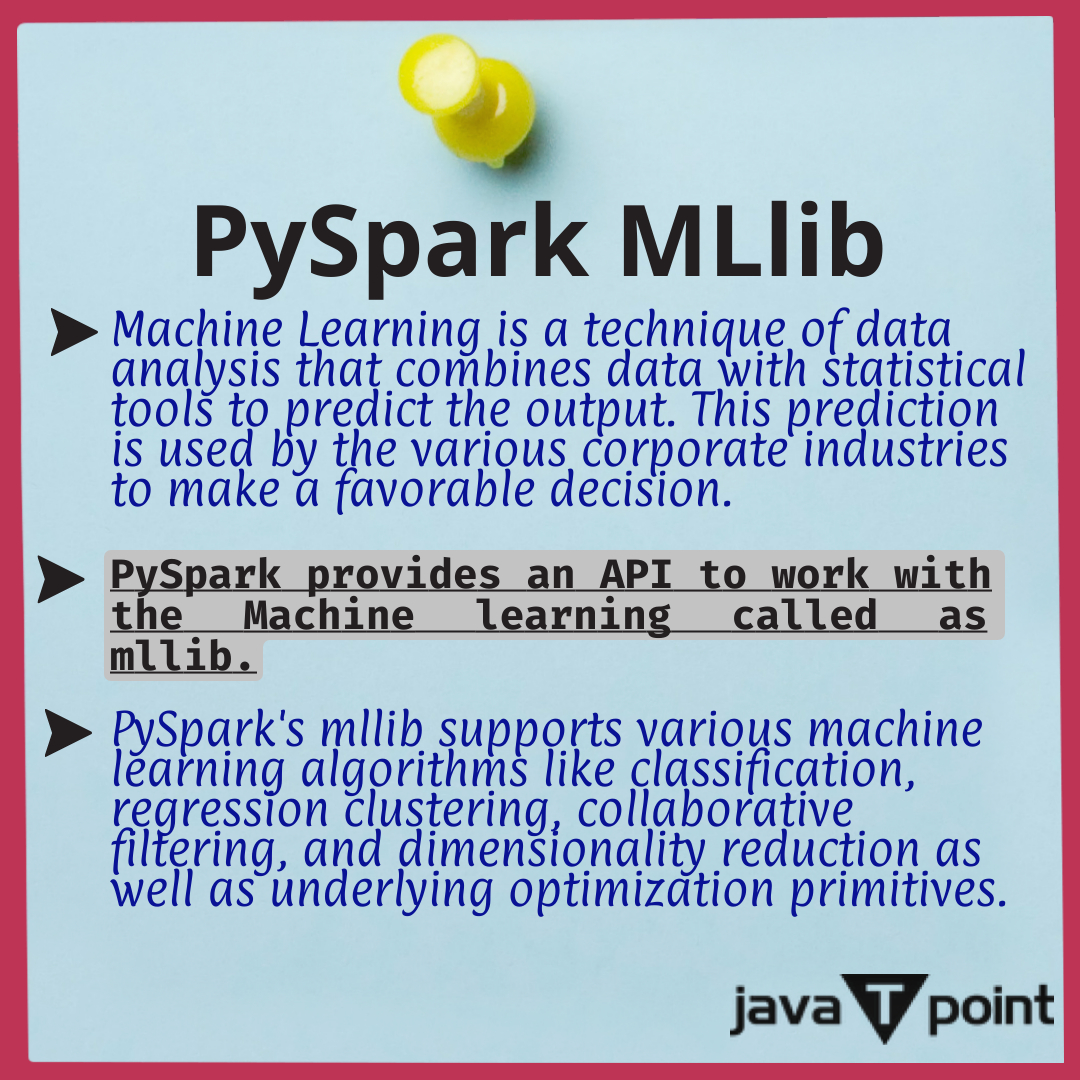 Bhavana83491661's tweet image. PySpark MLlib
.
.
.
visit:
bit.ly/3YScA72
for more information
.
.
.
.
#pyspark #pysparktutorial #PySparkMLlib #python #programming #computerscience #javatpoint