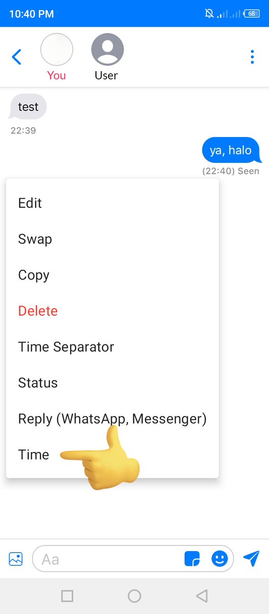 NEOSTHALGIC's tweet photo. — edit time on each message
how to: 
1. long press the message 
2. choose 'time'
3. custom/set your own time

(result on pic no. 4) https://t.co/nJLZWnmkjc