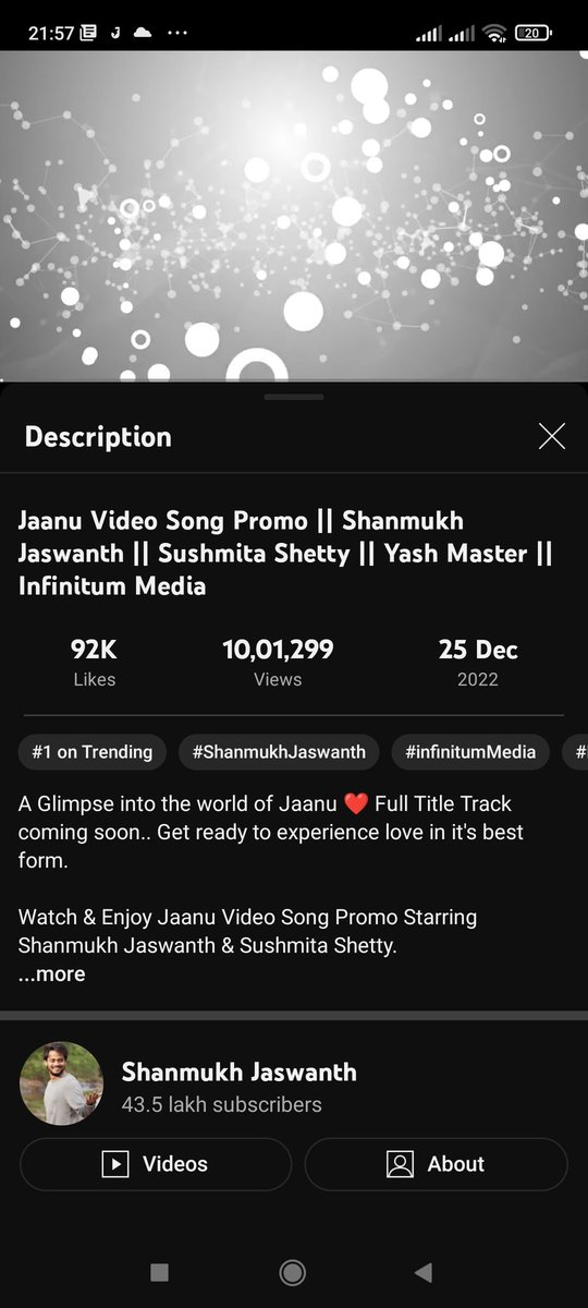 Hegde64016803's tweet photo. 1m+ views on SHANNU'S JAANU promo.. 
Idi sample matrame.. Main song inka undi.. 
Still trending in top 1.
#shannu 
#ShanmukhJaswanth https://t.co/oZkGFR2WgR