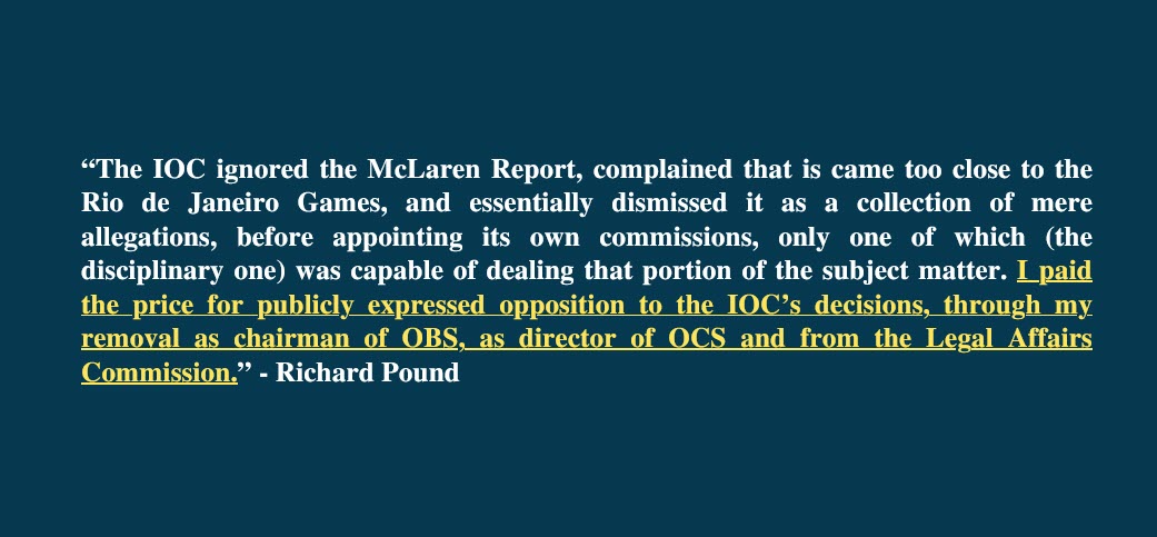 RobKoehler2's tweet photo. If the IOC can do this to one of its most senior members you now understand clearly why everyone, including athletes, are afraid to speak up. 
Retribution is real. @Olympics bullies.

Full interview with Richard Pound by @dodo938 @insidethegames  ⬇️
https://t.co/ypWkcHQLRx https://t.co/YfjqFAmDoy