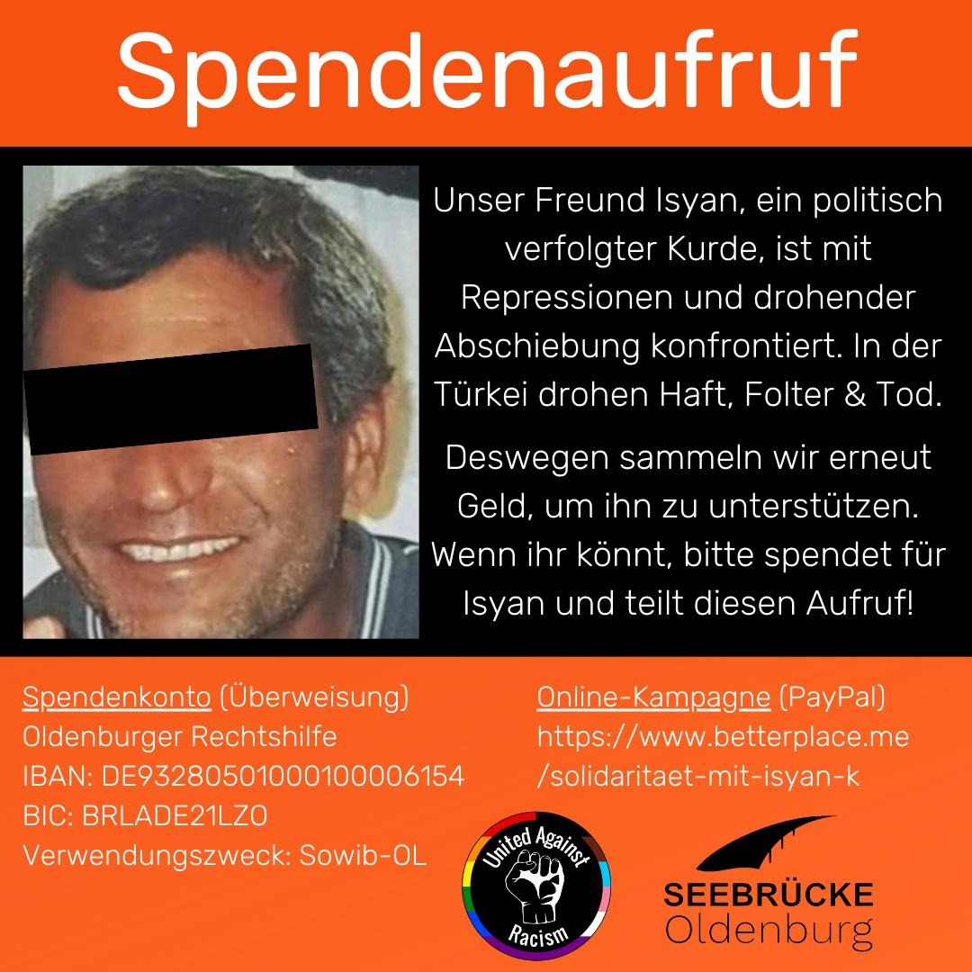 Erinnert ihr euch an unseren Freund Isyan? Bitte lest und teilt diesen Thread.

Vor fast genau 8 Monaten haben wir von Isyan erzählt und um finanzielle Unterstützung gebeten, um seine drohende Abschiebung in die Türkei zu verhindern. #StopDeportation 1/