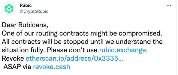 sagarbjethi's tweet photo. The Rubic exchange suffered a significant loss of over $1.4 million due to a hack.
Read details: https://t.co/Sr2fSemD88
#blockchainsecurity #ethereumsecurity #web3security
#smartcontractauditing #ethereumaudit #sagarjethi #defideveloper #ogcrypto #ogdev #defi #velvetcapital https://t.co/NfDRo4L89Q