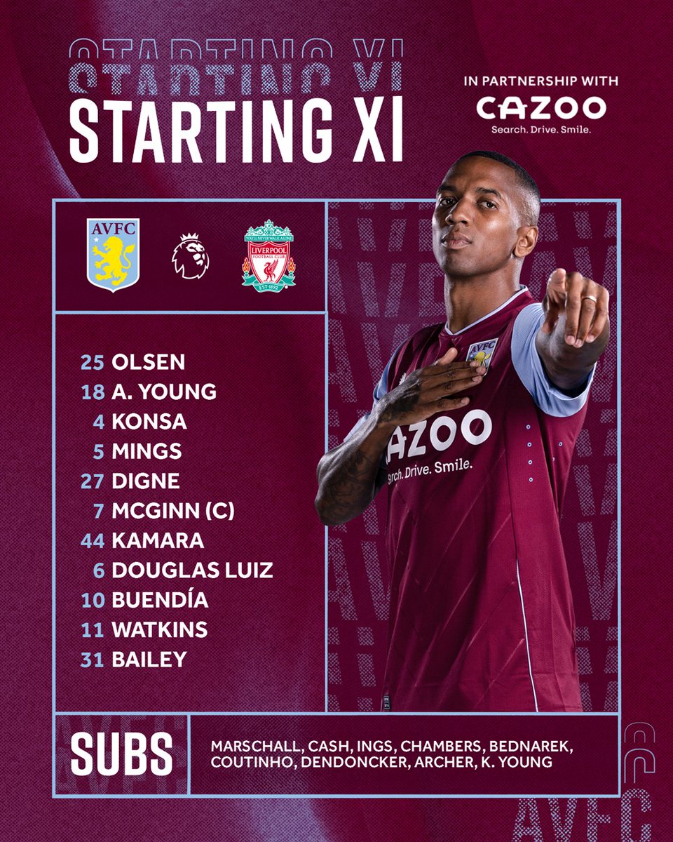 AVSC_Norway's tweet photo. Da er det endelig PL-kamp igjen, og det på selveste Boxing Day! Vi møter Liverpool kl 18:30 og vi stiller uten vår nybakte verdensmester i mål. Her er dagens lag: #UTV #AVFC https://t.co/Pv5ylRidBG