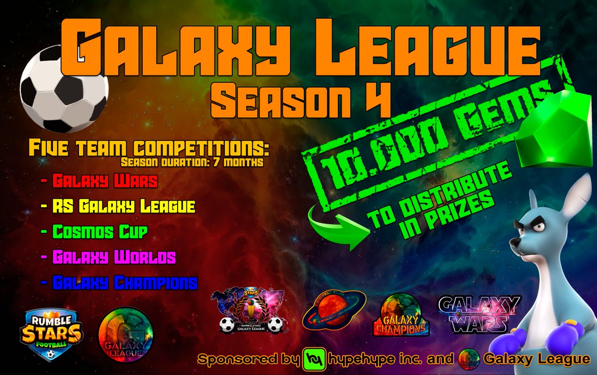 Galaxy League (@ggalaxyleague) on Twitter photo ------------------
<a href="/RumbleStars/">Rumble Stars Football β½οΈ</a>
------------------
We are back with Season 4 of the Galaxy League by teams
Today at 22:00 CET we open registrations
This season we will have 10K gems to distribute among the winners
---------------------------
discord.gg/EsYberEqay ------------------
<a href="/RumbleStars/">Rumble Stars Football β½οΈ</a>
------------------
We are back with Season 4 of the Galaxy League by teams
Today at 22:00 CET we open registrations
This season we will have 10K gems to distribute among the winners
---------------------------
discord.gg/EsYberEqay