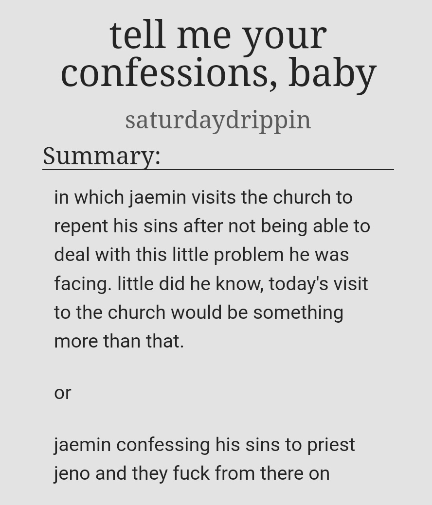 rainyydreams's tweet photo. tell me your confessions, baby 🔞

🖇️2.5k oneshot
🖇️nomin
🖇️ rated explicit 
🖇️ inaccurate christianity, top lee jeno, bottom na jaemin, making out, anal sex, nipple play, blow jobs, confessions, getting to know each other
-for @icedlemoncha !
link : https://t.co/glbGC2f8AW https://t.co/hujYswdLG1