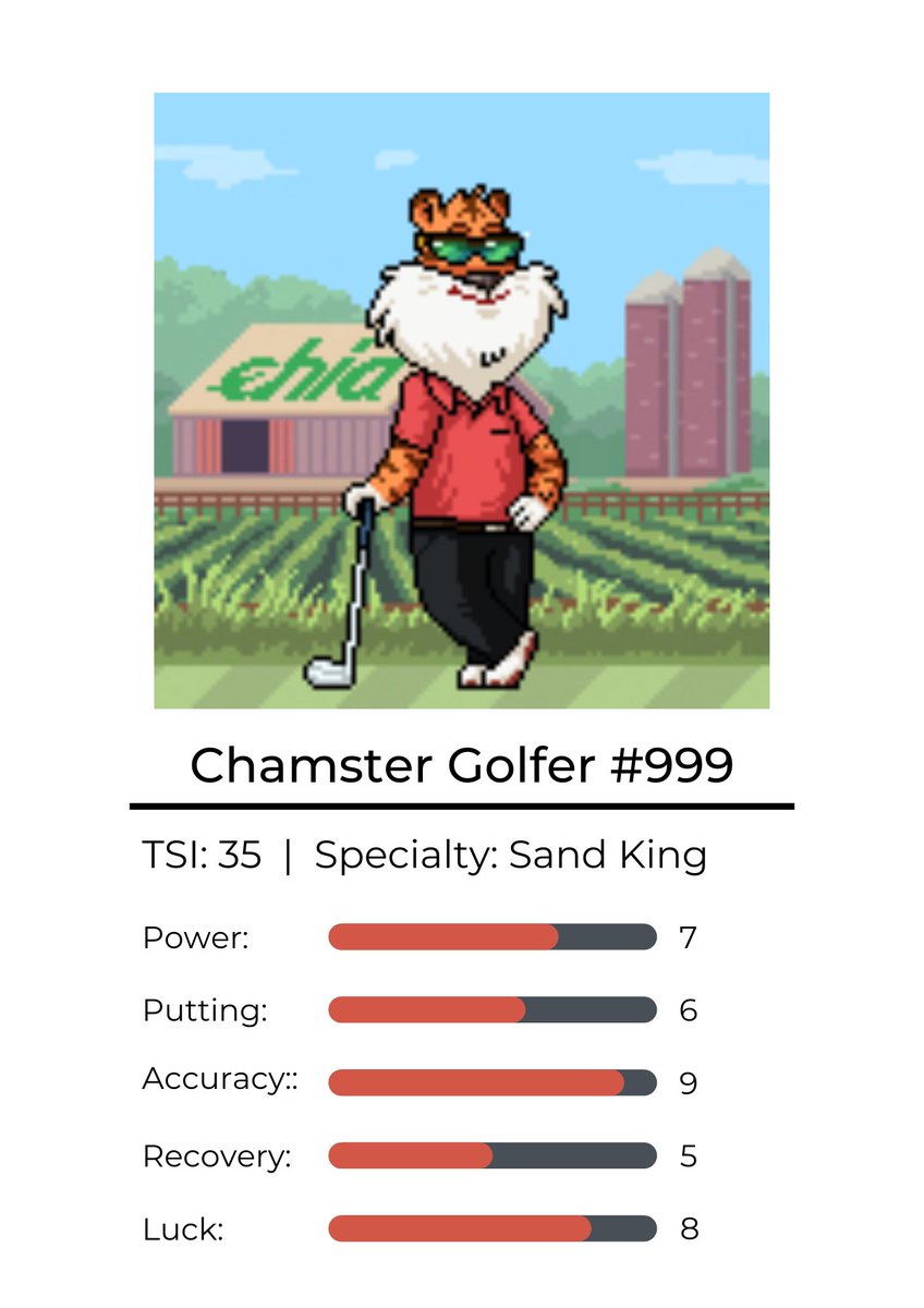 Chamsters compete in self-playing tournaments where their scores are calculated based on their skills.  

Keep a look out for rare specialty traits 

#NFTs #CHIA #XCH  #golfer
