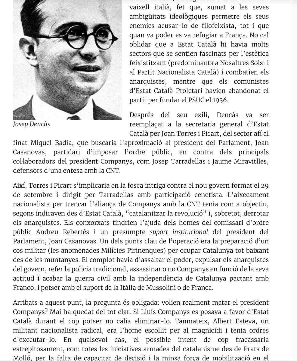 1967BCN's tweet photo. @Xavisies @bizarro_black @perezreverte @gabrielrufian https://t.co/6uq1DCVYGm cierto que la fuente es del Estat Català de 1982, cuando no pertenecía a ERC. Pero no puede negarse que había fascistas como Dencàs, y quién sabe si también el complot de Rebertès, que se planteó asesinar a Companys en 1936, tenía rasgos fascistizantes. https://t.co/DtfxjCVVuw