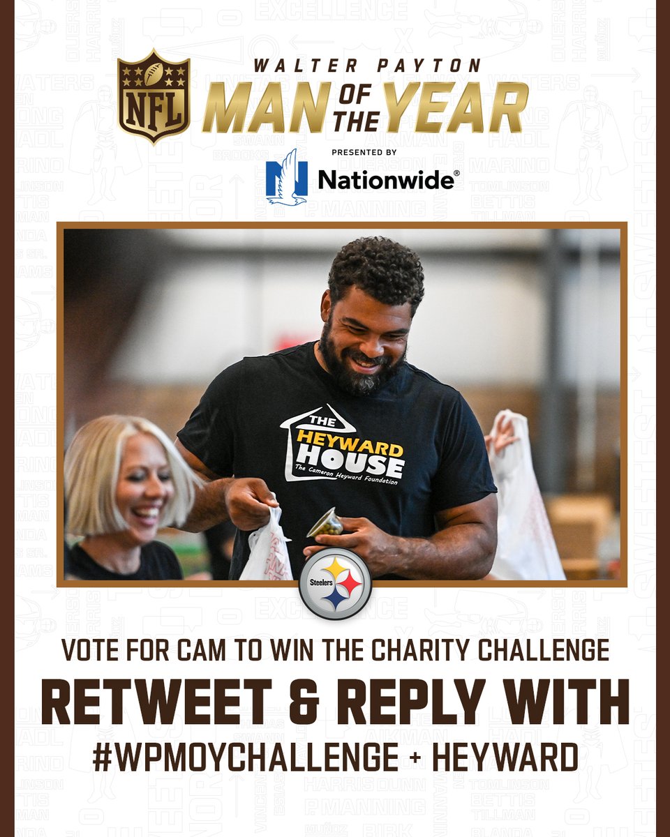 SteelersCR's tweet image. Help @CamHeyward earn a $25,000 donation for the charity of his choice!

Retweet + reply with:

#WPMOYChallenge Heyward
#WPMOYChallenge Heyward
#WPMOYChallenge Heyward
#WPMOYChallenge Heyward
#WPMOYChallenge Heyward
#WPMOYChallenge Heyward
#WPMOYChallenge Heyward