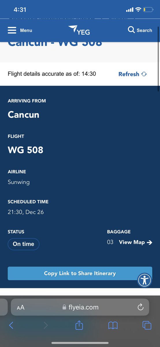 TravisLetran's tweet photo. Info for WG586 ppl to Vancouver from Nexus agent (Sunwing rep):
1) Our flight is now 508A departuring 3:30am on the 27th to Edmonton

2) We’ll transfer to another flight from there to Vancouver (idk abt specifics)
But, none of the websites match. Reply if u find any updates https://t.co/vp7OuoWVua