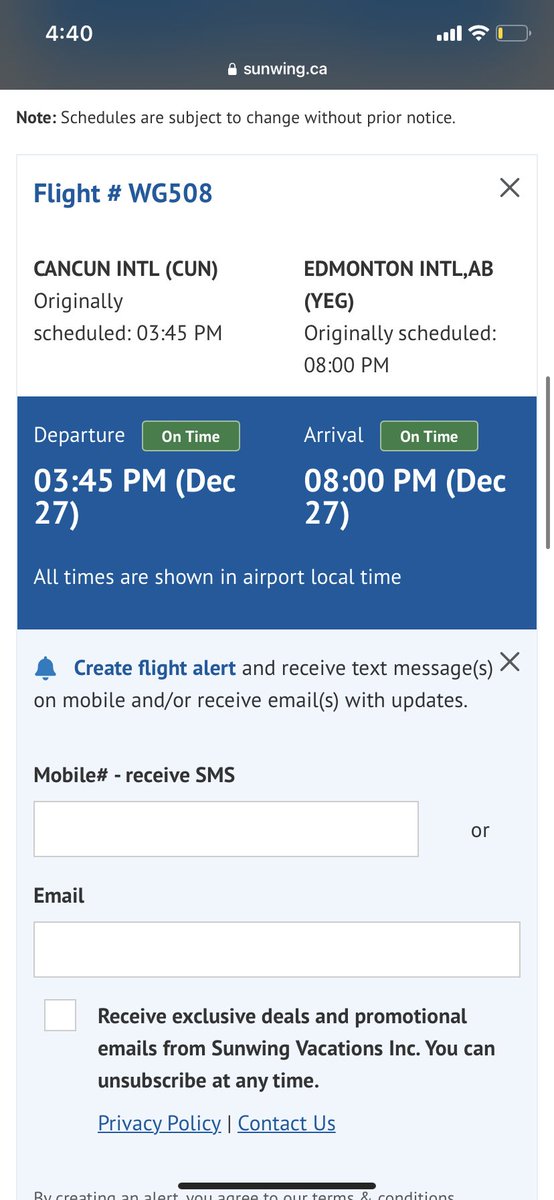 TravisLetran's tweet photo. Info for WG586 ppl to Vancouver from Nexus agent (Sunwing rep):
1) Our flight is now 508A departuring 3:30am on the 27th to Edmonton

2) We’ll transfer to another flight from there to Vancouver (idk abt specifics)
But, none of the websites match. Reply if u find any updates https://t.co/vp7OuoWVua