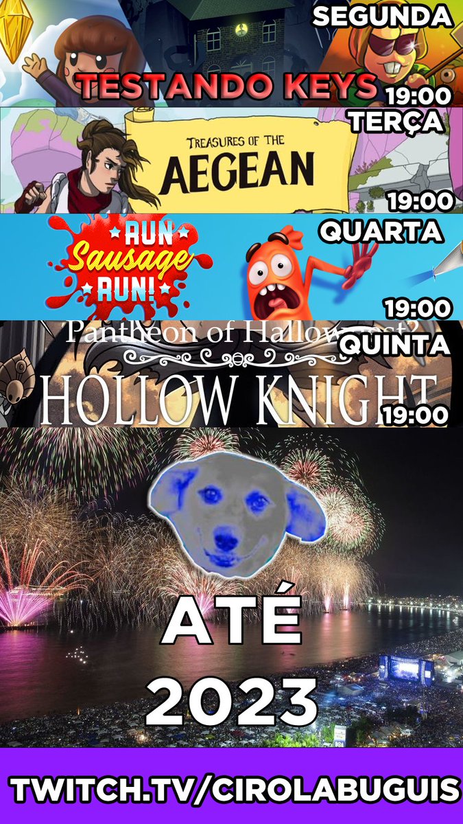 cirola__buguis's tweet photo. em cima da hora
mas esse é o #cronograma de #live desta semana
Hoje testaremos 3 keys dada pra nós via #keymailer e #lurkit
terça teremos #treasuresoftheaegean
quarta com #runsausagerun
e quinta, nossa ultima live do ano, #hollowknight no panteão de hallownest.
Depois só em 2023 https://t.co/3zAOexSHnE