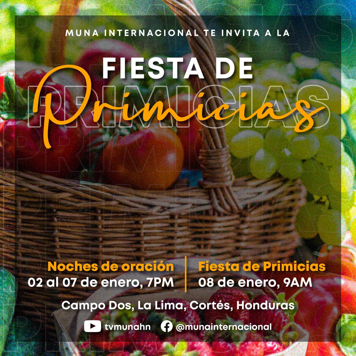 muna_hn's tweet photo. Ven con nosotros a celebrar la gran FIESTA DE PRIMICIAS 🎉🍇
📅 Noches de oración y búsqueda: Lunes 02 al sábado 07 de enero, 7PM
📅 Fiesta de primicias: Domingo, 08 de enero, 9AM
📍 MUNA Internacional, Campo Dos, La Lima, Cortés 
¡Tu presencia es muy importante! https://t.co/wP7n77nLzS