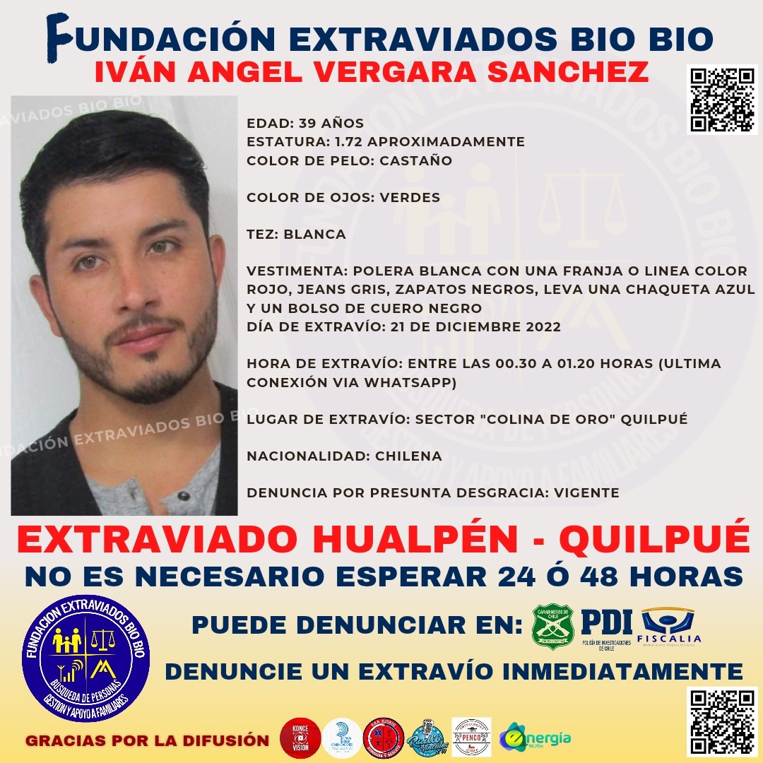 Extraviadosbiob's tweet image. 🔴ALERTA DE BÚSQUEDA HUALPÉN - QUILPUÉ🔴
Se busca a Iván Angel Vergara Sánchez de 39 años extraviado desde el día 21 de diciembre tras haber tenido un último contacto vía WhatsApp entre las 00:30 y 01:20 AM desde el sector " Colina de Oro" de la comuna de Quilpué, 5 región. 👇