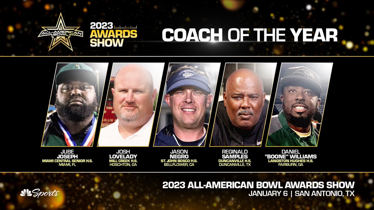 AABonNBC's tweet image. Coach of the Year Finalists 🏆 

➖ Jube Joseph 

➖ Josh Lovelady 

➖ Jason Negro 

➖ Reginald Samples 

➖ Daniel “Boone” Williams  

#theG23ATESTshow 🎶 

#AllAmericanBowl 🇺🇸